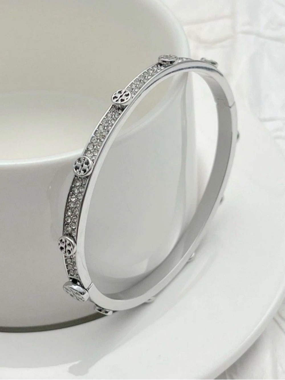 Tory Burch Silver Crystal Logo Pavé Bangle Bracelet